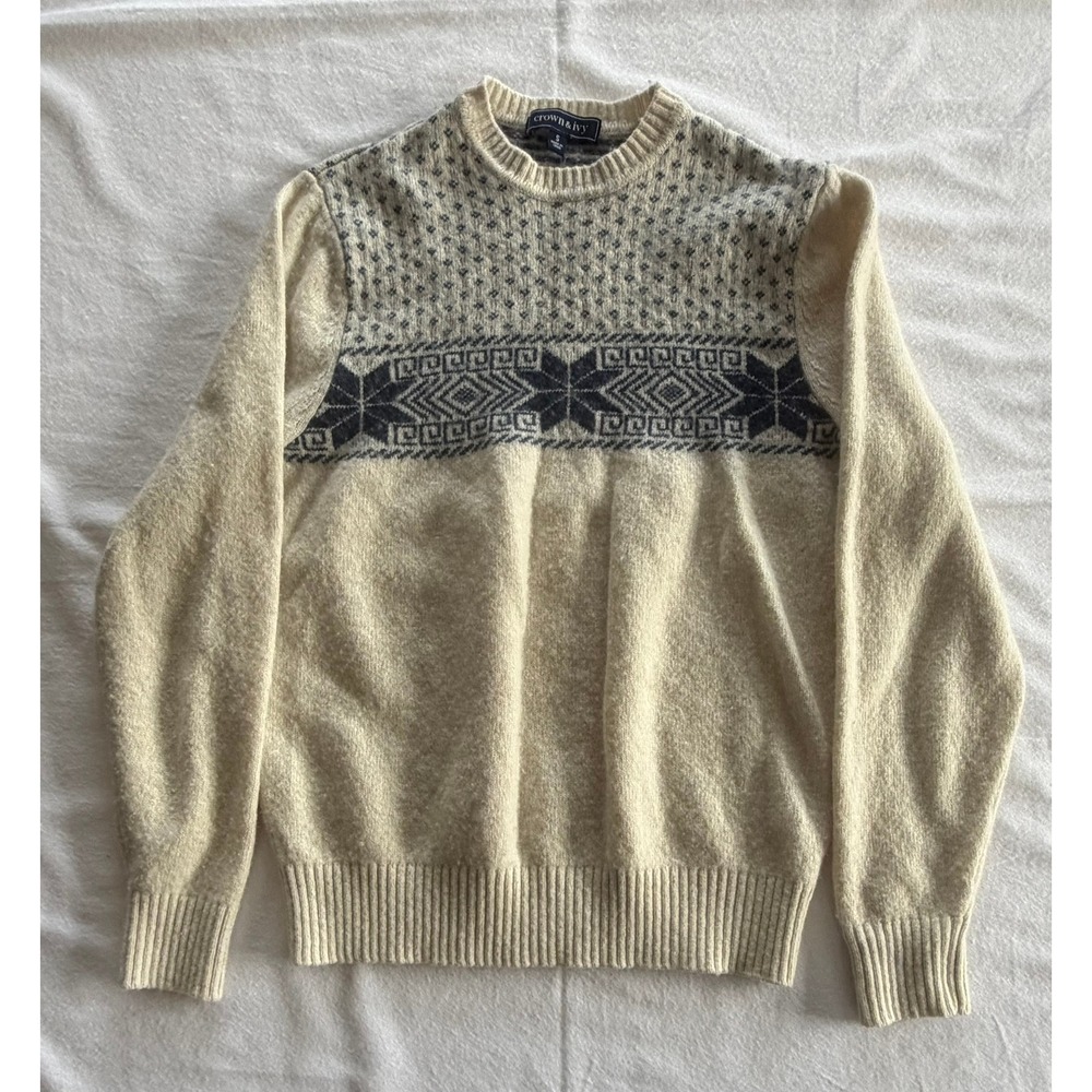 Crown & Ivy Mens Lambswool Crewneck Sweater Cream Navy Blue Small